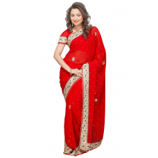 Aristocratic Red Colored Stone Worked Chiffon Saree
